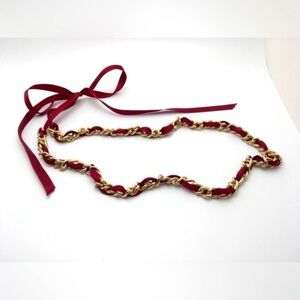Cherry Burgundy Ribbon Gold Chain Necklace 24-inch